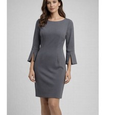 Calvin Klein Gray 3/4 Split Bell Sleeve Stretch Crepe Sheath Dress Size 6