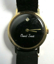 VTG 1980 WOMENS CAROL SCOTT WRISTWATCH BLACK DIAL W/ STONES MANUAL WIND 17'J SS