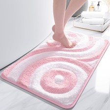 Pink White Cute Bathroom Rugs Non Slip Geometric Striped Fluffy Floor Mat 18x26