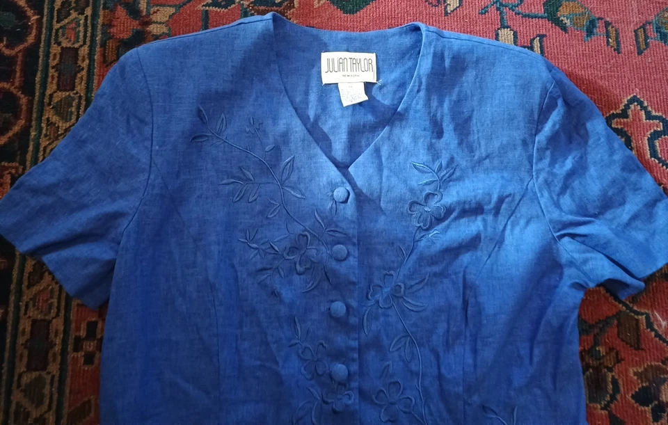 Maxi Vestido Camisa Años 90 Y2K Azul Aciano Mezcla de Lino Bordado con Botones 14 Foto 2 de 4