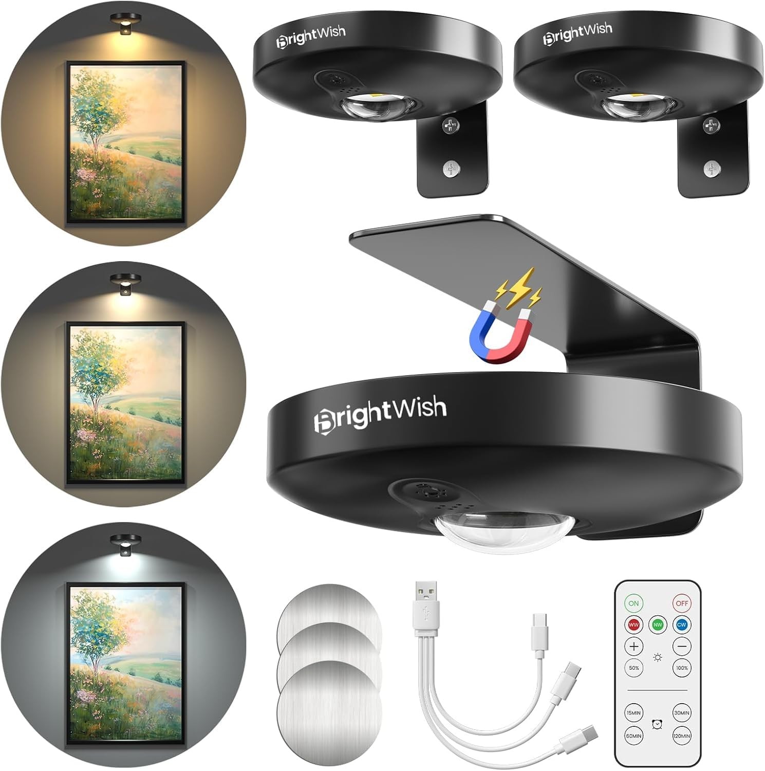 Lampe pour tableau sans fil LED spot mural à pile lot de 3 avec variateur