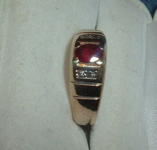 MENS SOLID 10K GOLD RED RUBY GEMSTONE 4 DIAMONDS … - image 4