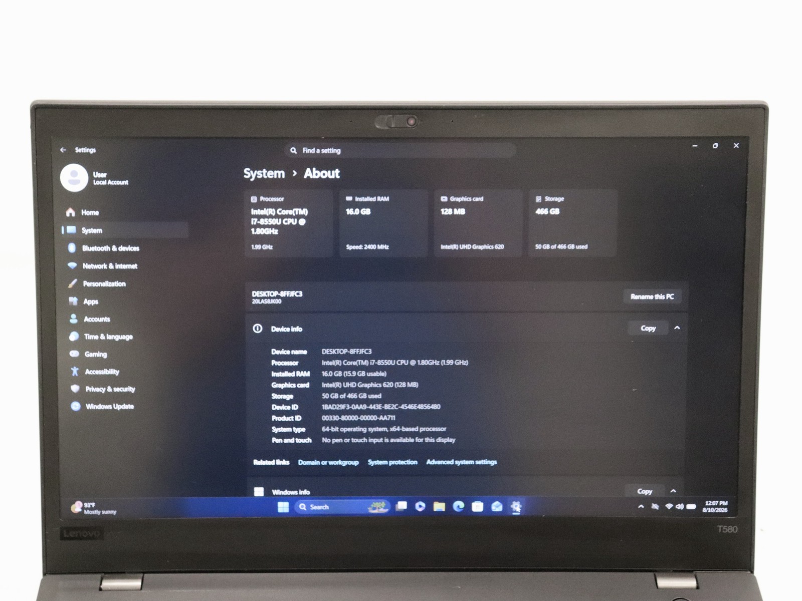 Lenovo ThinkPad T580, 15.6-Inch Laptop, with Intel Core i7 8th Gen., Windows 11 Pro