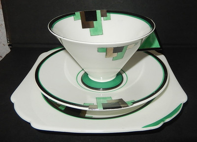 Shelley Vogue Form Green Blocks Muster 11785 Teetasse Trio