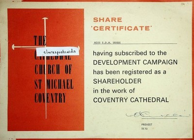 Rare Coventry Local History Share Certificate in Cathedral 1970 can't find anoth