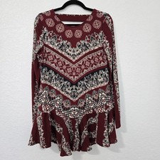 Free People M Smooth Talker Tunic Dress Red Long Sleeve Boho Open Back