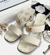 CHANEL Vintage CC Mark Mules Caviar Skin White Women's Size EU37/US6.5