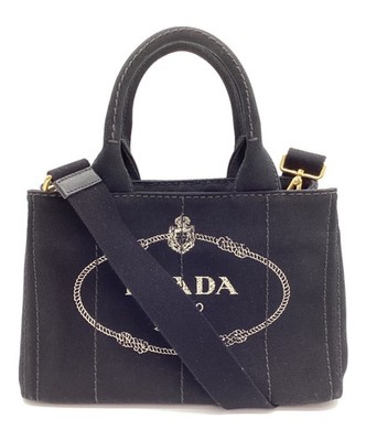 PRADA Canapa 2Way Bag Canvas Schwarz Gold Damen Tasche Schultertasche Handtasche