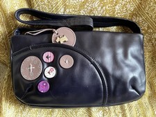 RADLEY Small black leather handbag with cute pink button detail & dog charm/ VGC