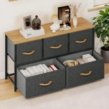 5-Drawer Fabric Dresser Storage Tower, Wide Organizer Unit with Wooden Top Grey