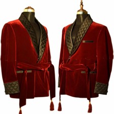 Men Maroon Smoking Jackets Elegant Luxury Belted Designer Party Wear Blazer Coat