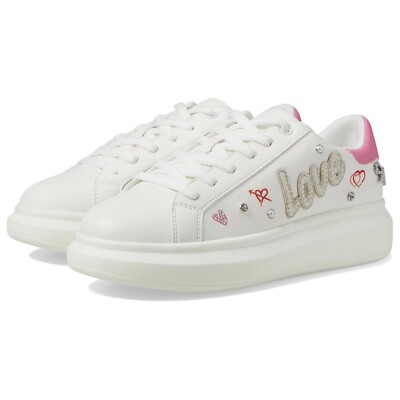 NWOB ALDO Embellished Platform Sneakers Size 8 White Love Rhinestones Heart