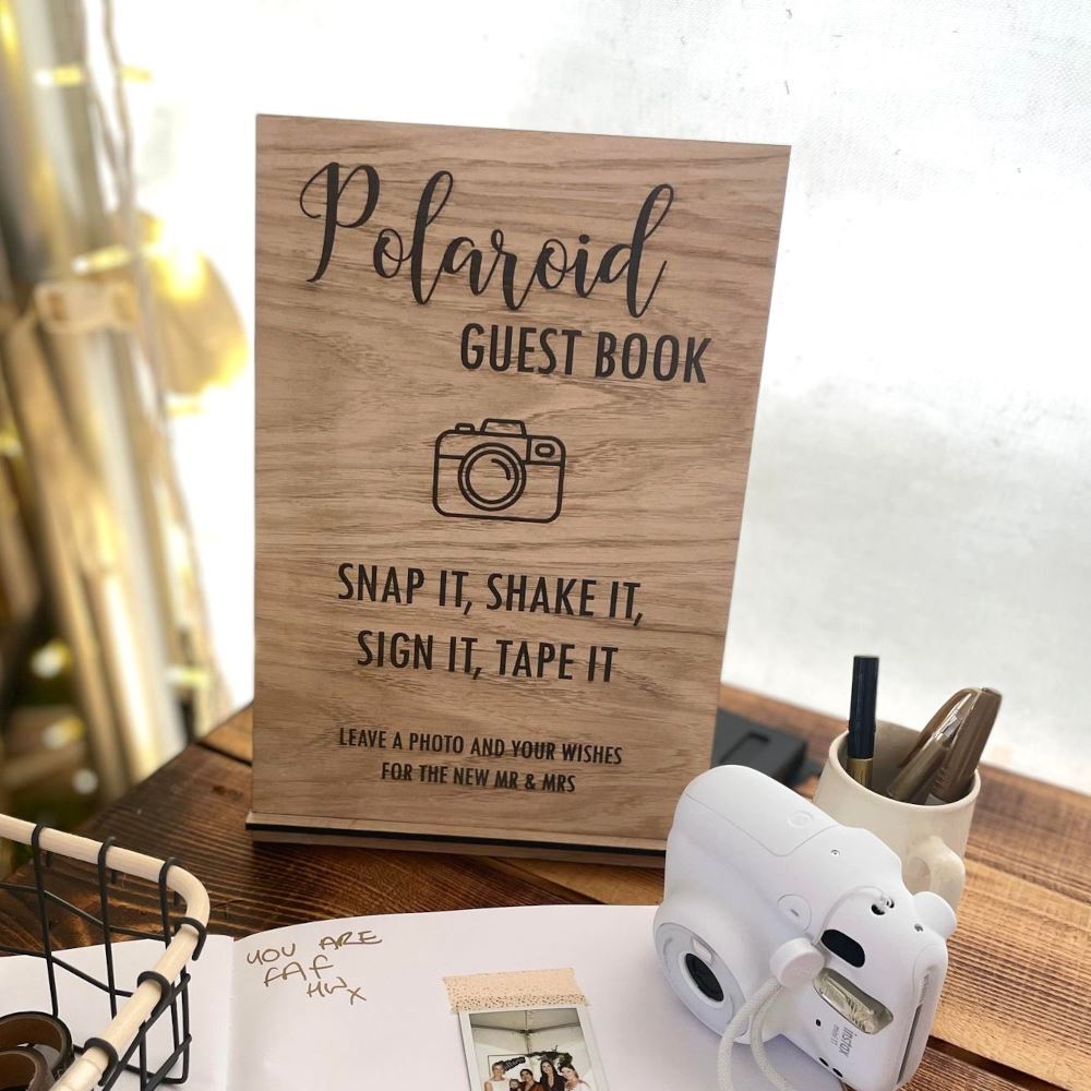 Personalised Wedding Guest Book Sign Wooden Oak Polaroid Photo