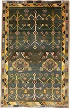 Gray & Olive Handmade Tribal Oriental Rug Rare Vintage Pictorial Carpet 4X7 ft