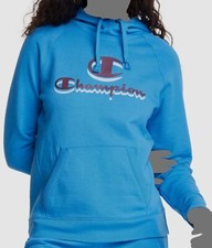  50 Champion Women's Blue Long Sleeve Powerblend Graphic Hoodie Sweater Size L