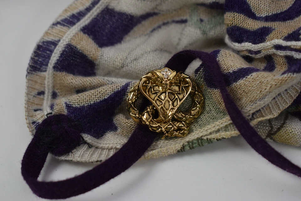 Roberto Cavalli 尺寸 46 意大利面肩带针织花卉上衣金属眼镜蛇米色紫色 — 第 3/4 张图片