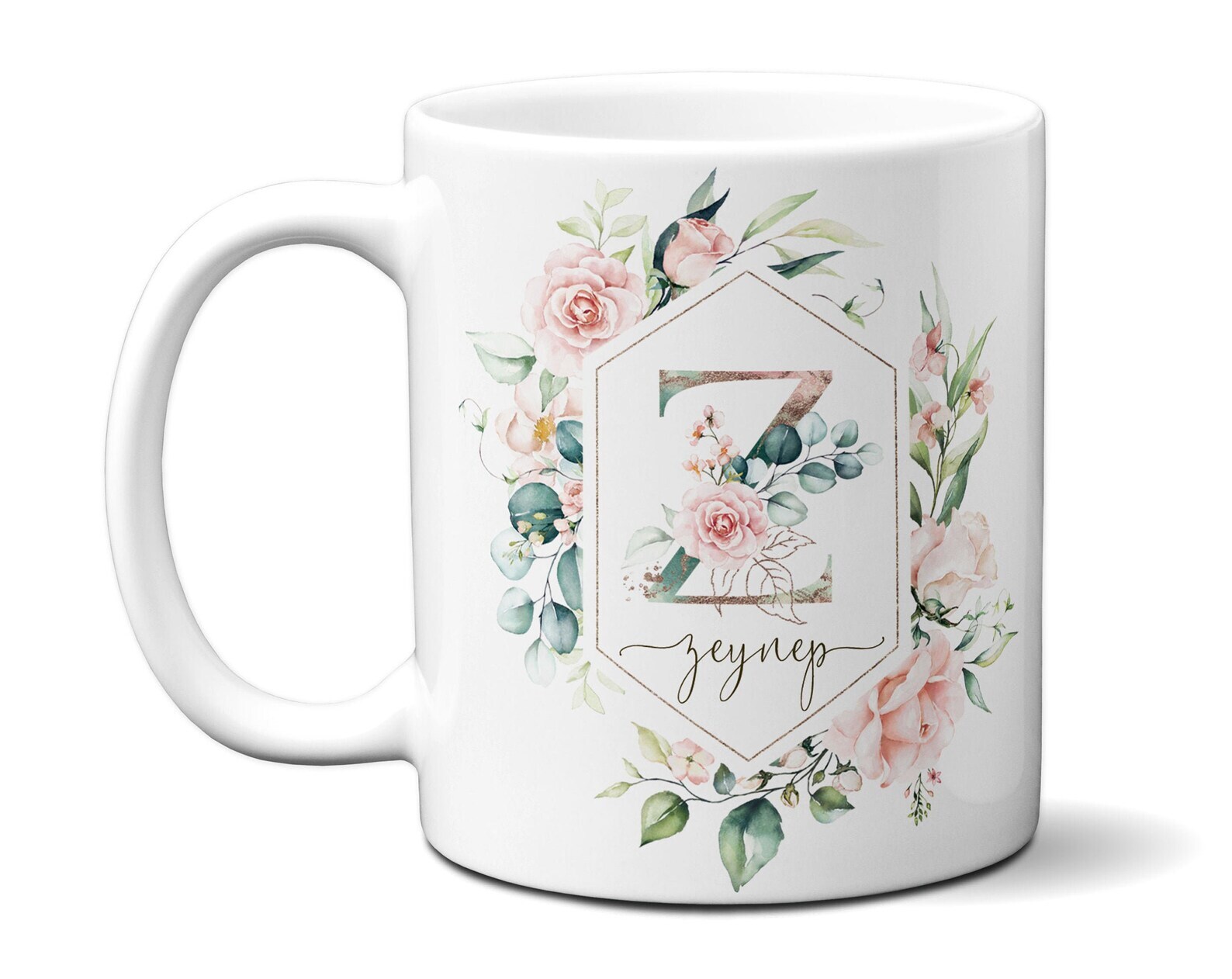 Personalized Name & Initial Letter Monogram Roses Alphabet Mug Watercolor Fl