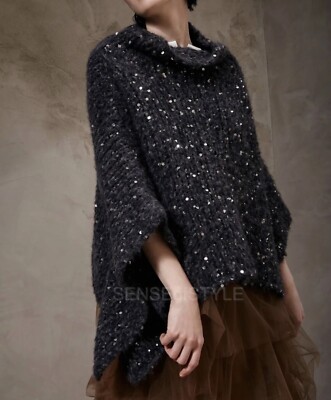 Brunello Cucinelli Knit Poncho Vest Sweater Top Gray Women Sequin M