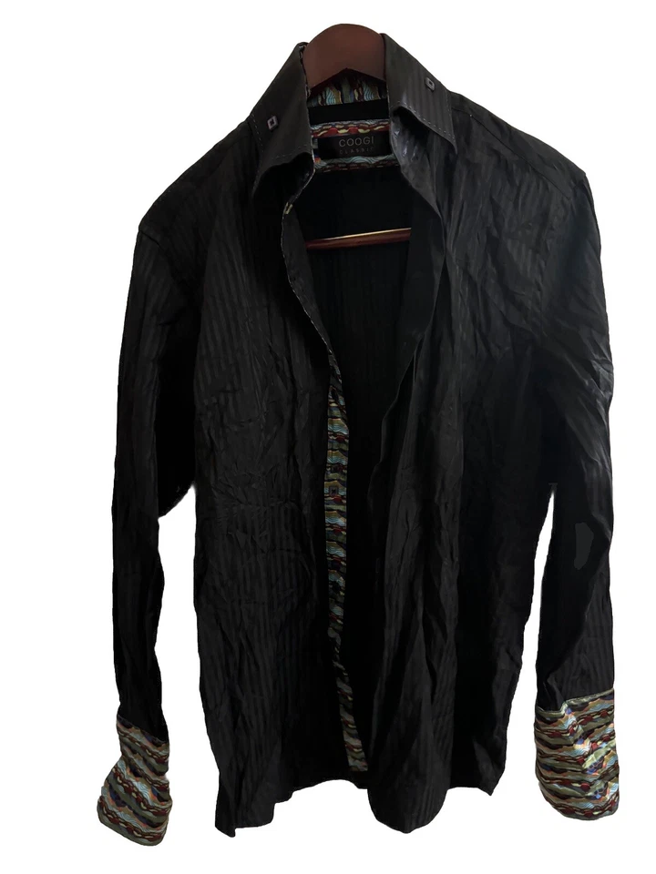 Camisa de Vestir Coogi Clásica Manga Larga Negra Abotonada Grande 16 32/33 Puño Estampado Foto 2 de 4