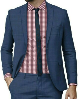 Mens Blue Suit Custom made bespoke Tailored Windowpane Check Wool Plaid Suits