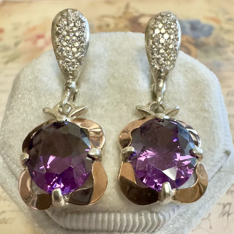 Dramáticos pendientes de plata 925 y oro de 10 k púrpura circonita cúbica de Europa del Este #1185 Foto 3 de 4