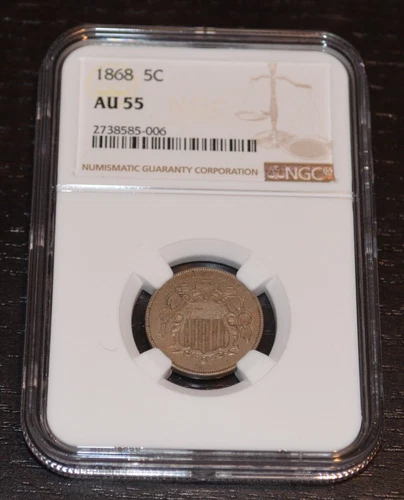 1868 5C Shield Nickel Graded by NGC as AU 55