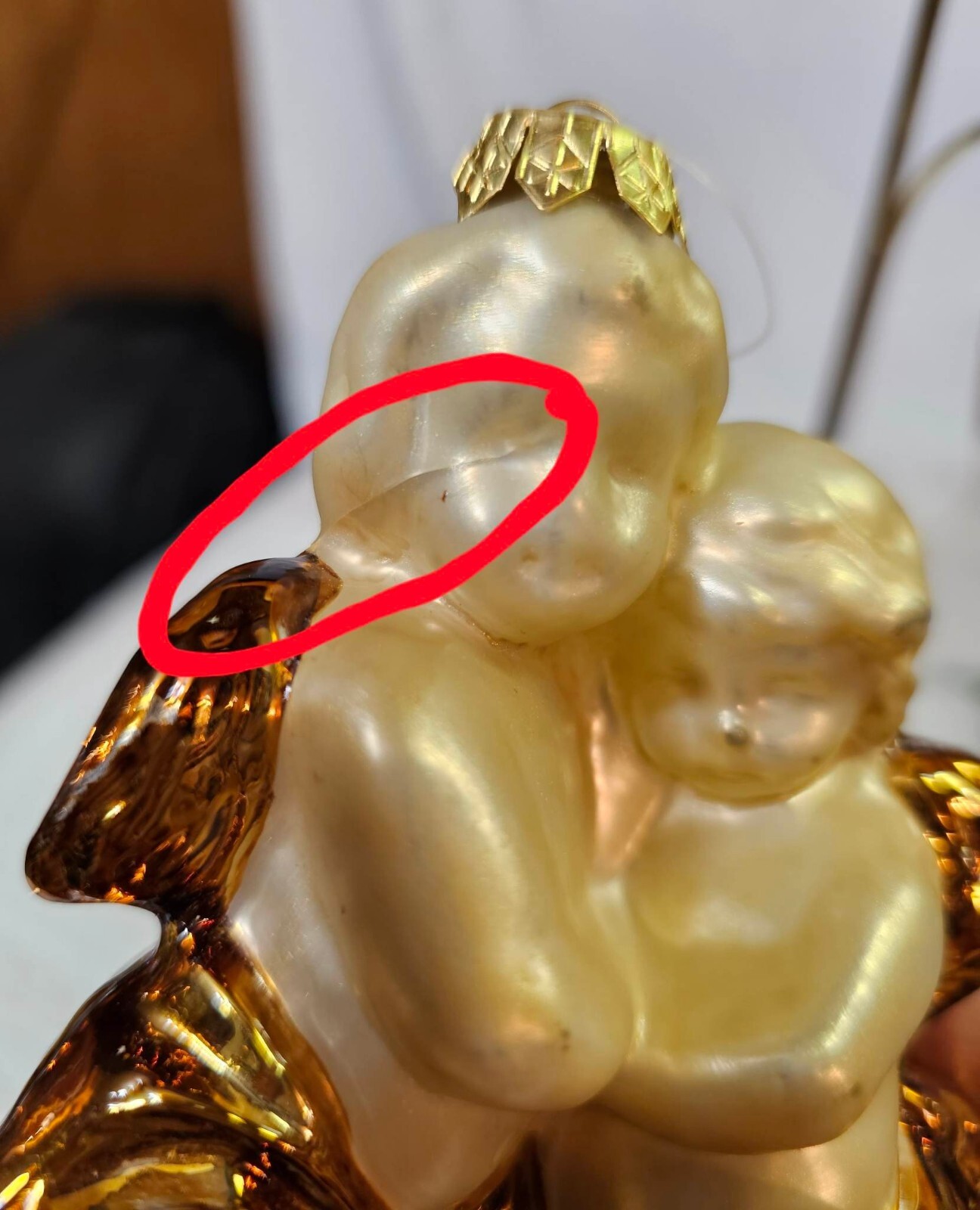 Vtg Glass 2 Cherub /Putti hugging Christmas Ornament Offwhite gold w German-READ thumbnail 5