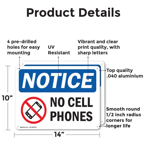 (2 Pack) No Cell Phones OSHA Notice Sign Decal Metal Plastic - 第 2/23 張圖片