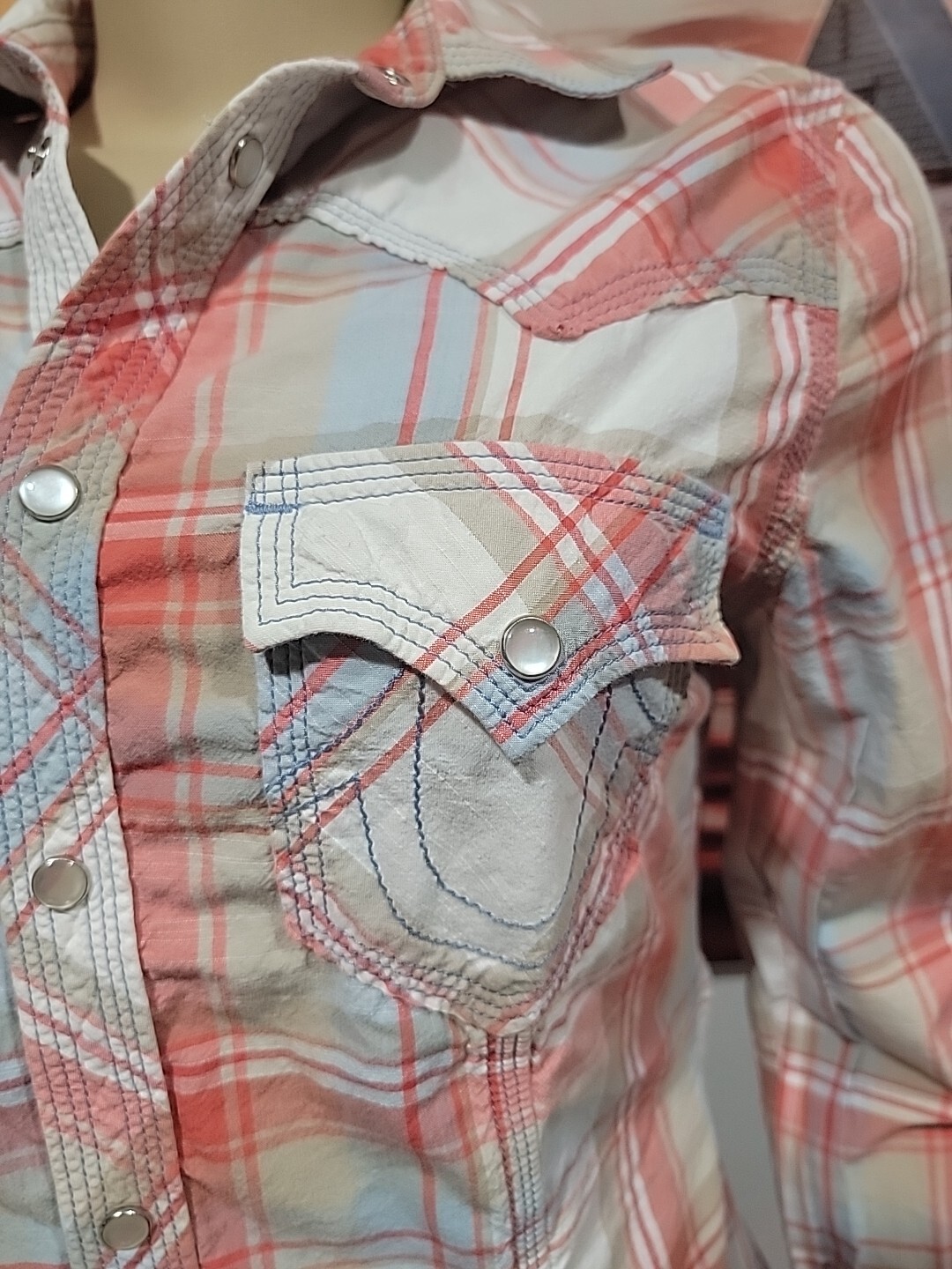 True Religion Western Pearl Snap Button Down LS Size M Women's Plaid Shirt #C thumbnail 3