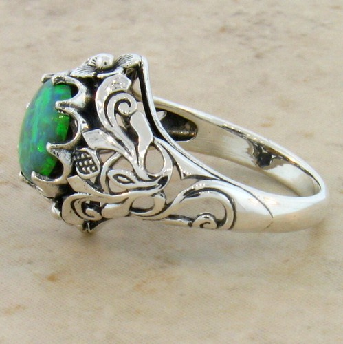 NOUVEAU ANTIQUE STYLE "SCOTTISH THISTLE" 925 SILVER LAB-CREATED OPAL RING 039Z - Picture 2 of 2
