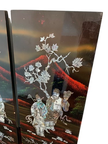 3 Vintage Asian Chinese MOTHER OF PEARL Black Lacquer Wall Plaque Panels 19.5”x8 - Picture 13 of 17