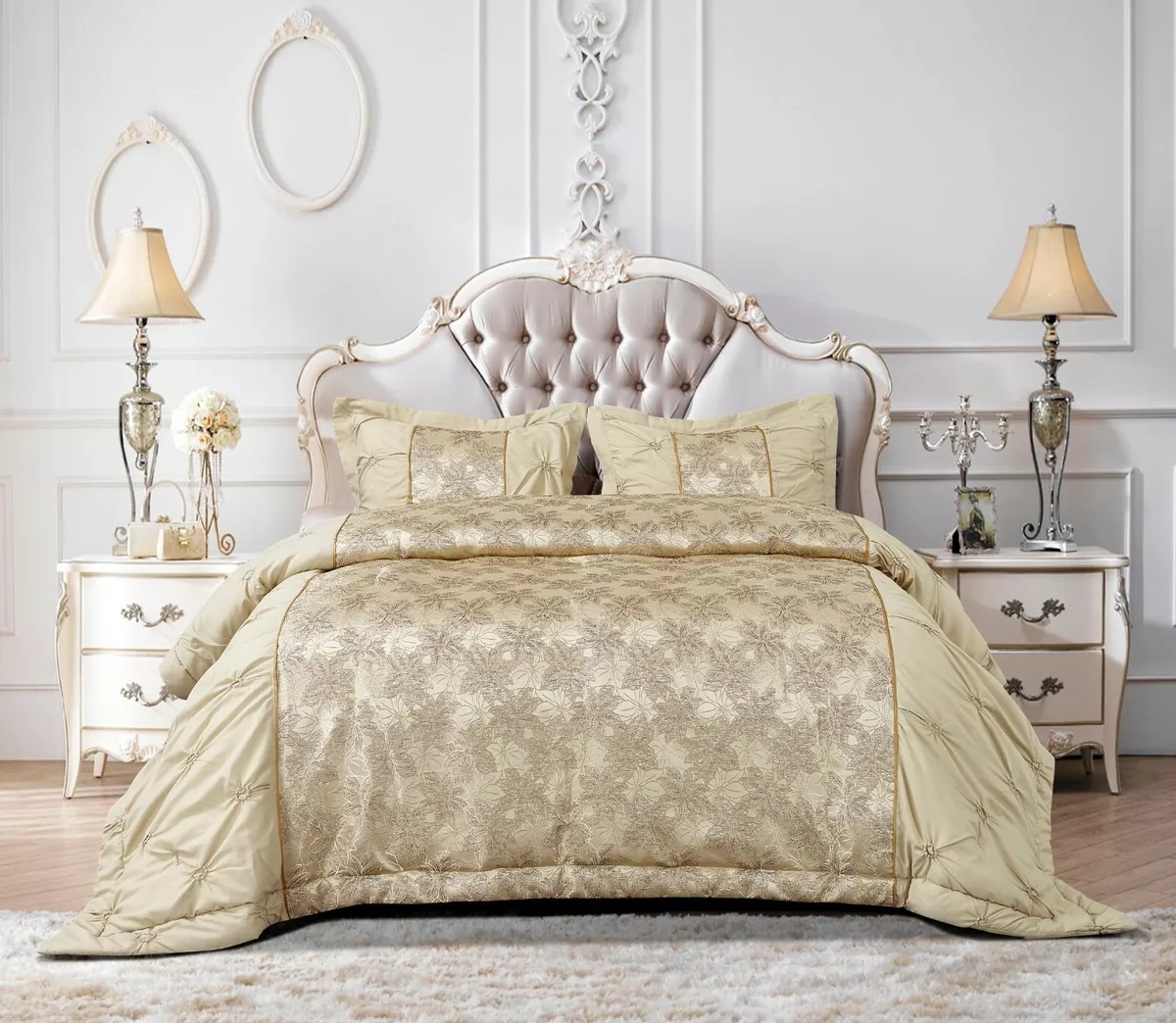 Quilted Bedspread Jacquard Pinch Pleat Comforter Throw Bedding Set Pillow Shams