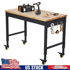 60" Adjustable Workbench & Wheels ,Heavy Duty Work Bench Table w/Power Outlet US
