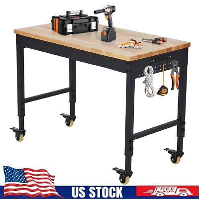 60'' Adjustable Workbench & Wheels ,Heavy Duty Work Bench Table w/Power Outlet US