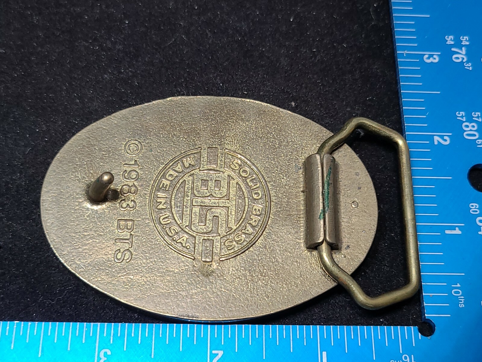 Vintage 1983 BTS Brass Belt Buckle With Scrimshaw Sty… Gem
