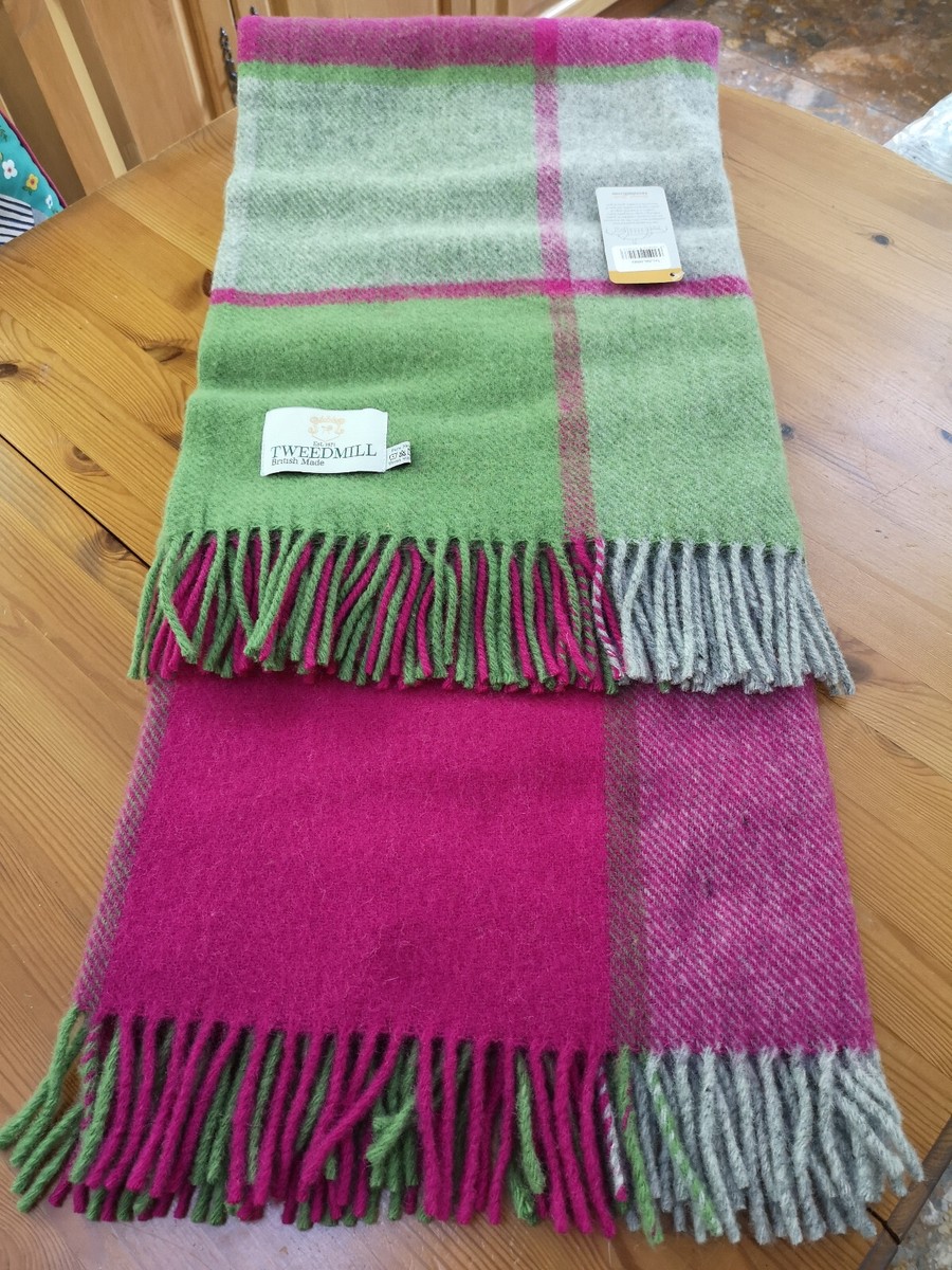 TWEEDMILL TEXTILES 100% Wool Sofa Bed Blanket BLOCK CHECK GREEN