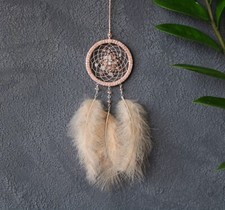 Fluffy Beige Dream Catcher With Rose Quartz, Beige Hanging, Crystal Dreamcatcher