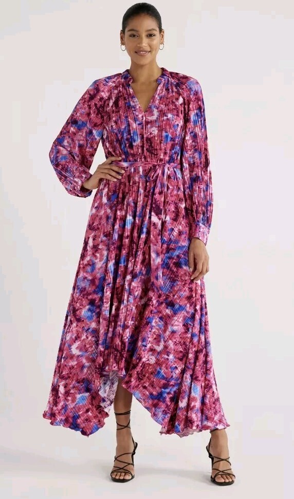 scoop women's pleated floral midi dress with handkerchief hem Scoop Pink Women's Pleated Floral Midi Dress Handkerchief Hem Plus Size XXL  20