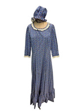 Vintage 1970s Victorian Style Floral Prairie Maxi Dress W/ Cap Large