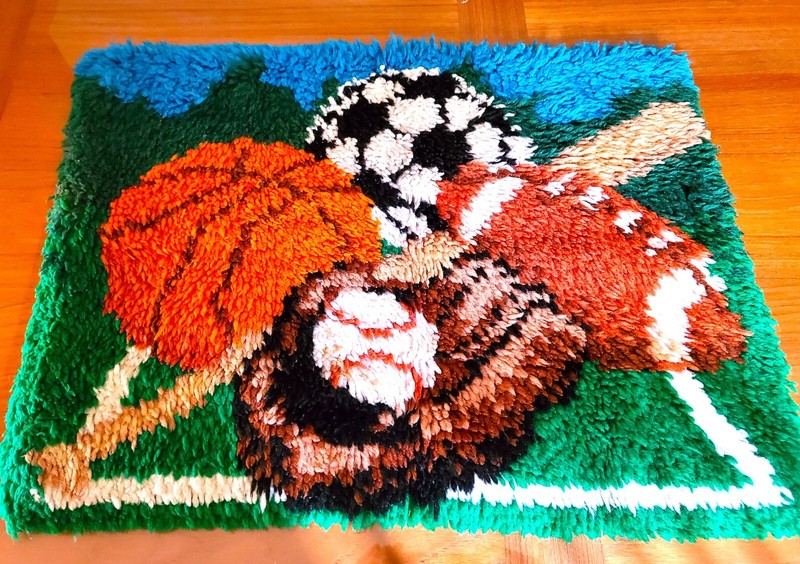 SPORTS THEME LATCH HOOK RUG- 26 X 20--EXCELLENT COND--BY WONDERART-HANDMADE