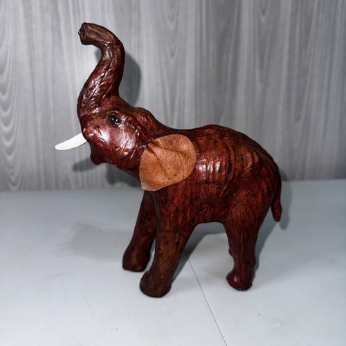 Vintage Leather Wrapped Elephant Sculpture with Tusk and Raised Trunk
