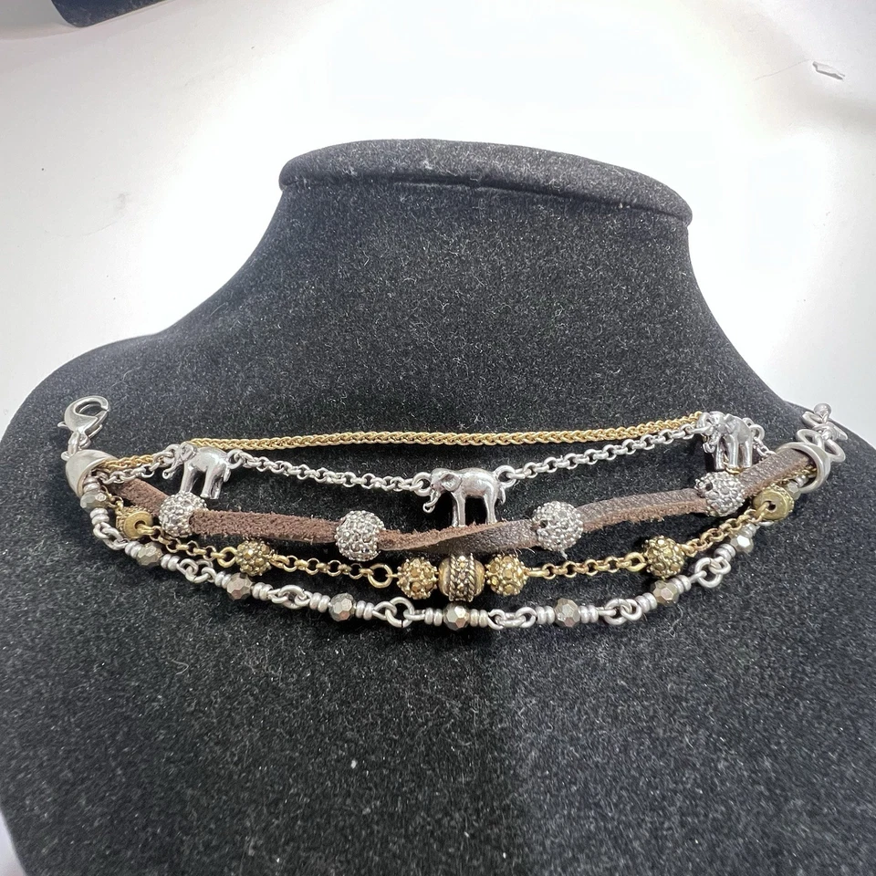 Lucky Brand Silver Tone Bead Brown Leather Multi Row Elephant Bracelet - Imagem 3 de 3