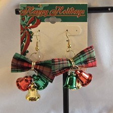 Vtg Plaid Bow Jingle Bells 2" Christmas Drop Dangle Earrings Pierced Ears
