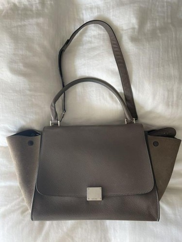 CELINE Trapecio Cuero Gamuza Bolso de Mano 2 Vías Bolso de Hombro Gris... - Imagen 10 de 10