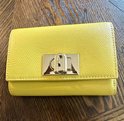 Furla Yellow Bifold Wallet Logo Turn Lock Zip Coin Pocket Card Slots