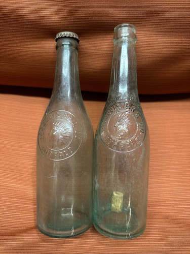 2 ANTIQUE IROQUOIS INDIAN BEER BOTTLEs BUFFALO NY Breweriana Glass Green Tint