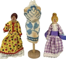 Vintage Handmade Clothespin Dolls Wood Dress Form Dollhouse Lot of 3 Miniatures