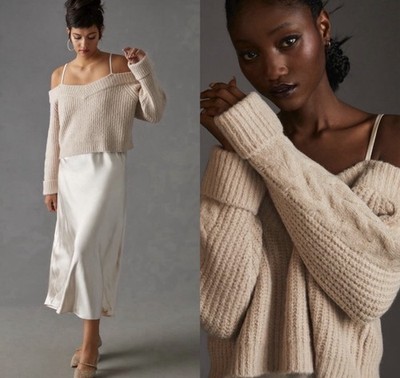 New XS  Anthropologie Mare Mare Layered chunky Sweater & Slip Midi Dress PEARL