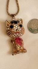 'vintage 'betsey Johnson rhinestone articulated cat pendant long chain necklace