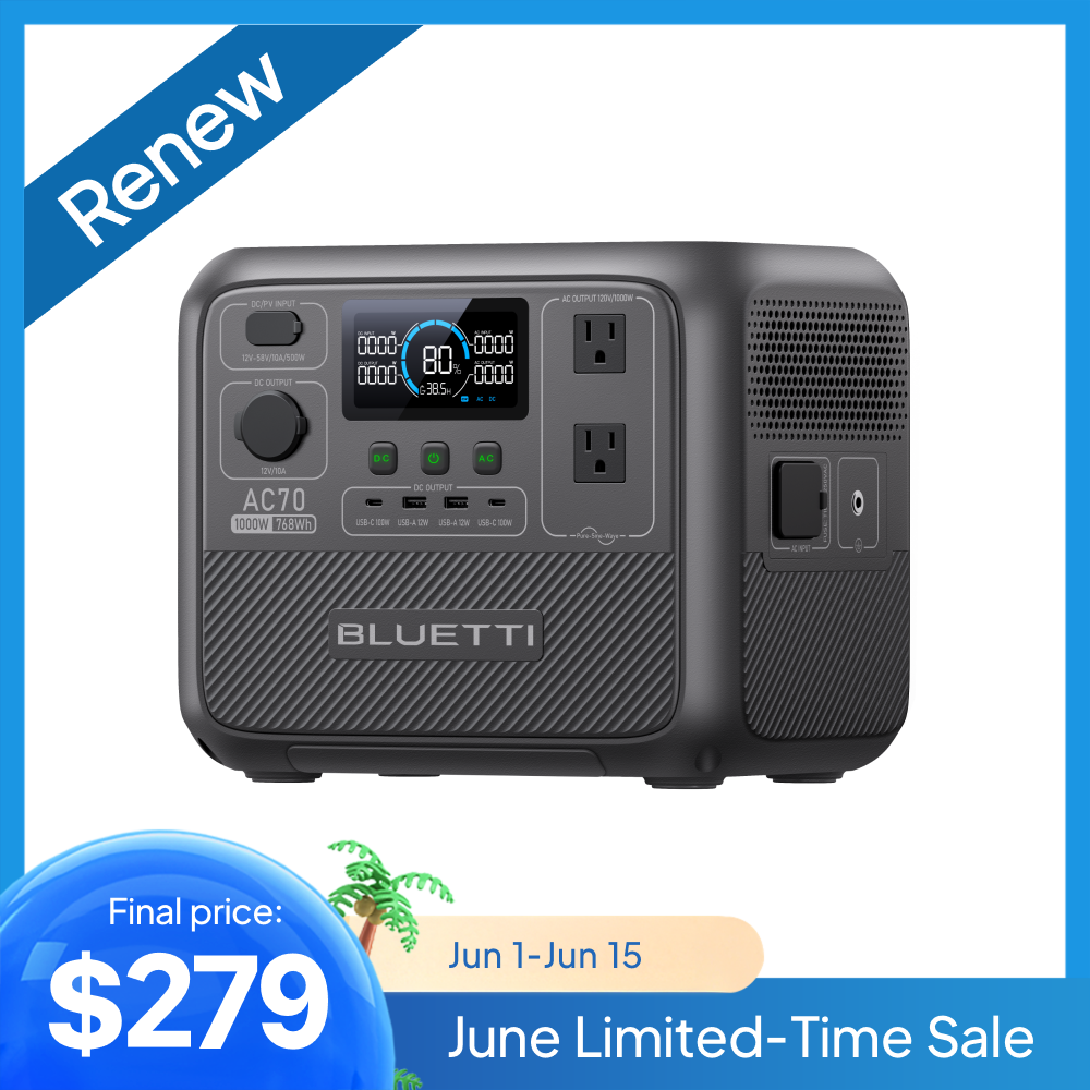 BLUETTI AC70 1000W 768Wh Portable Power Station Renewed for Travel